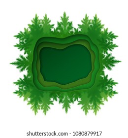 Vector illustration of kaleidoscope forest frame with fir-tree branches silhouettes and green paper cut banner with shadows.