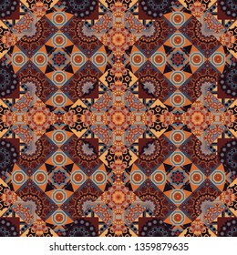 Vector illustration. Kaleidoscope seamless pattern. Useful as design element for texture and artistic compositions. Composed in brown, orange and gray colors, abstract shapes, Mandalas.