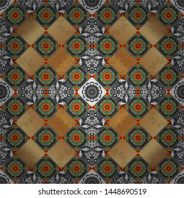 Vector illustration. Kaleidoscope seamless pattern. Composed in blue, brown and gray colors, abstract shapes, Mandalas. Useful as design element for texture and artistic compositions.