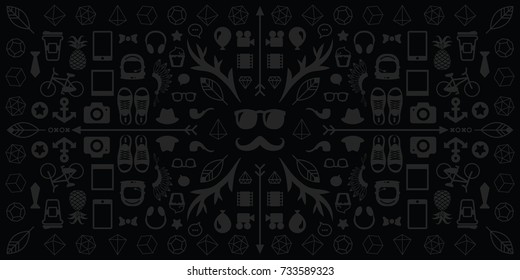 vector illustration of kaleidoscopic black symmetric banner with hipster symbols like mustache glasses coffee in masculine style