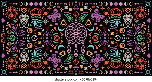 vector illustration of kaleidoscopic geometric horizontal banner with bohemian symbols and dark background