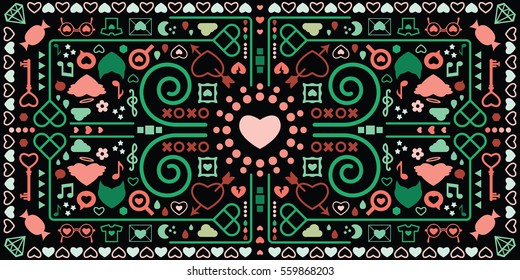 vector illustration of kaleidoscopic geometric horizontal banner with romantic symbols and dark background