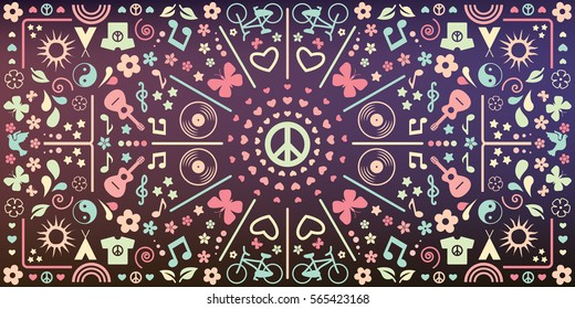 vector illustration of kaleidoscopic geometric horizontal banner with hippie symbols and soft blurred background