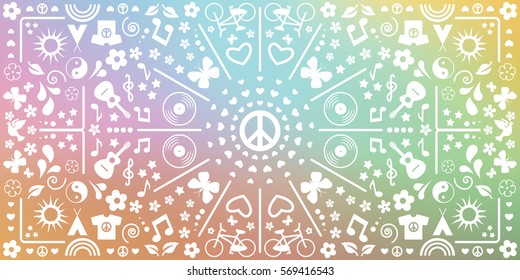 vector illustration of kaleidoscopic geometric horizontal banner with hippie symbols and soft blurred background