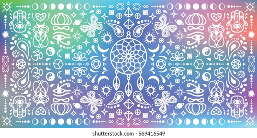 vector illustration of kaleidoscopic geometric horizontal banner with bohemian symbols and soft blurry background