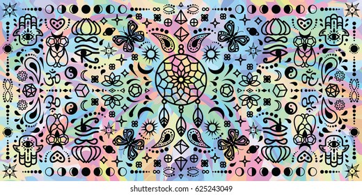 vector illustration of kaleidoscopic geometric horizontal banner with bohemian symbols and soft pastel background