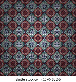 Vector illustration. Kaleidoscopic seamless pattern in brown, white and green colors. It can be used in the design of textiles, in the printing industry.