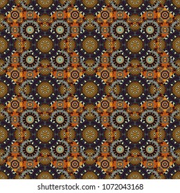 Vector illustration. Kaleidoscopic seamless pattern in black, gray and brown colors. It can be used in the design of textiles, in the printing industry.
