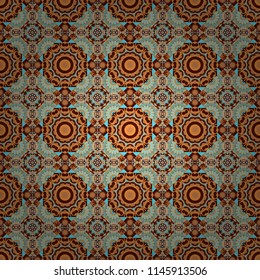 Vector illustration. Kaleidoscopic seamless pattern in brown, orange and blue colors. It can be used in the design of textiles, in the printing industry.