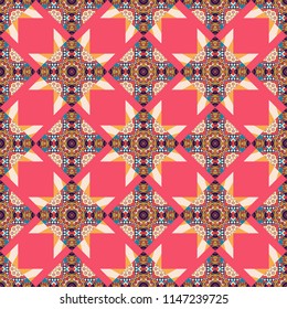 Vector illustration. Kaleidoscopic seamless pattern in beige, orange and pink colors. It can be used in the design of textiles, in the printing industry.