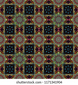 Vector illustration. Kaleidoscopic seamless pattern in brown, green and black colors. It can be used in the design of textiles, in the printing industry.