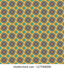 Vector illustration. Kaleidoscopic seamless pattern in blue, orange and yellow colors. It can be used in the design of textiles, in the printing industry.