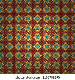 Vector illustration. Kaleidoscopic seamless pattern in orange, yellow and blue colors. It can be used in the design of textiles, in the printing industry.