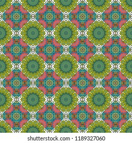 Vector illustration. Kaleidoscopic seamless pattern in green, blue and white colors. It can be used in the design of textiles, in the printing industry.
