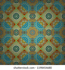 Vector illustration. Kaleidoscopic seamless pattern in orange, blue and green colors. It can be used in the design of textiles, in the printing industry.