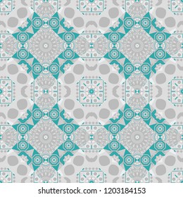 Vector illustration. Kaleidoscopic seamless pattern in gray, blue and brown colors. It can be used in the design of textiles, in the printing industry.