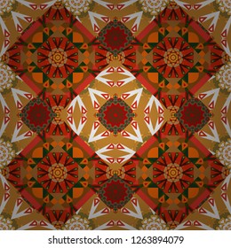 Vector illustration. Kaleidoscopic seamless pattern in orange, red and brown colors. It can be used in the design of textiles, in the printing industry.