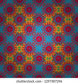 Vector illustration. Kaleidoscopic seamless pattern in red, orange and blue colors. It can be used in the design of textiles, in the printing industry.