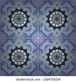 Vector illustration. Kaleidoscopic seamless pattern in neutral, blue and gray colors. It can be used in the design of textiles, in the printing industry.