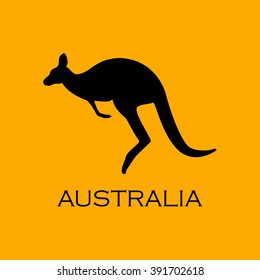 Vector illustration kangaroo black silhouette on orange background with text Australia. Australian symbol