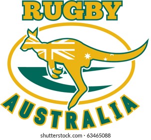 vector illustration of a kangaroo or wallaby jumping side view with australian flag inside silhouette  and rugby ball in background with words "rugby Australia"