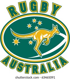 vector illustration of a kangaroo or wallaby jumping side view with stars and words "rugby Australia" and ball in background