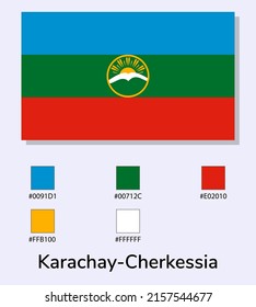 Vector Illustration of Karachay-Cherkessia flag isolated on light blue background. Karachay-Cherkessia flag with Color Codes. As close as possible to the original. ready to use, easy to edit. 
