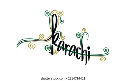 Vector Illustration of "Karachi" in Hand-drawn Lettering Art with Green and Olive Colors. Suitable for Poster or Decorative Design.