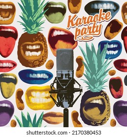 Vector illustration for karaoke party with multicolored singing mouthes, grimasing pineapples and microphone on a light background. Suitable for