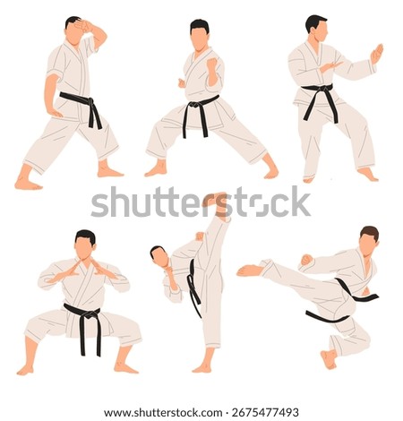 Vector illustration of karate fighters in different martial arts stances and kicks, wearing traditional gi with black belts. Perfect for combat sports, self-defense training, and martial arts design.