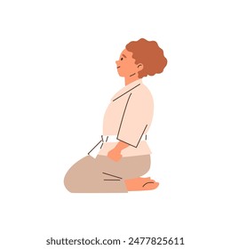 Vector illustration of karate kids, a cartoon girl in a traditional kimono with a belt sits on her knees in the seiza pose. Image on a white background