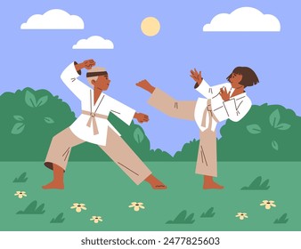 Vector illustration of karate kids who train against. A girl and a boy in a traditional kimono practice karate poses the background of of trees and clear sun