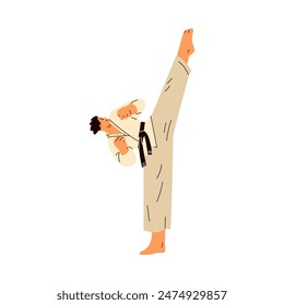 Vector illustration of a karate man, a cartoon young guy in a traditional kimono with a belt practicing kicking. Image on a white background