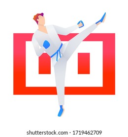 Vector illustration of karate man in high kick action. Sports concept