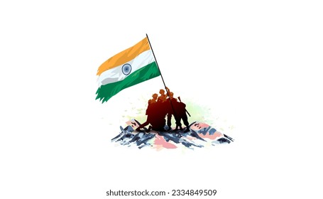 Imagen vectorial de Kargil Vijay Diwas. Día de la Independencia de la India Antecedentes patrióticos. Ejército Indio, soldado levantando bandera tricolor.