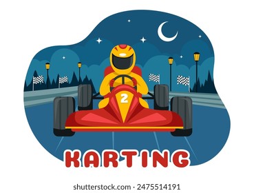 Vector Illustration of Karting Sport with a Racing Game Go Kart or Mini Car on a Small Circuit Track in a Flat Style Cartoon Background Design