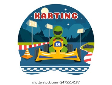 Vector Illustration of Karting Sport with a Racing Game Go Kart or Mini Car on a Small Circuit Track in a Flat Style Cartoon Background Design