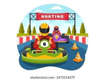 Ilustración vectorial de Karting Sport con un Juego de Carreras Go Kart o Mini Coche en un Pequeño Circuito Pista en un Diseño de Fondo de Dibujos Animados de Estilo Plano