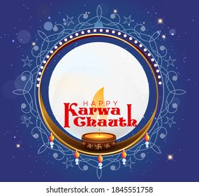 Vector illustration of Karwa Chauth celebration, festival of india, typography, decorated pooja thali, lamp, sky and moon background.