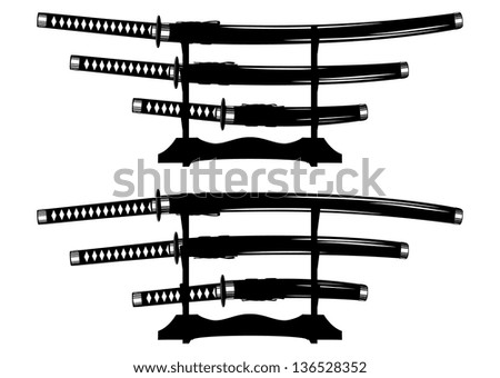 Vector illustration katana, wakizashi and tanto on stand