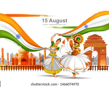 vector illustration of Kathakali dancer on Indian tricolor background for 15th August Happy Independence Day of India