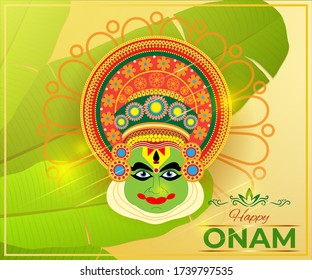 ilustración vectorial de la cara de Kathakali para el festival indio Onam, fondo de hoja de plátano 