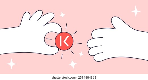 Vector illustration of a Kava Crypto Transaction Represented by Hands Sharing a Red KAVA Cryptocurrency Token