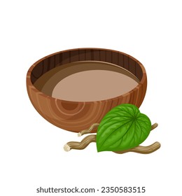 Vector illustration, kava drink in a wooden bowl, with kava root and leaves, scientific name Piper methysticum, isolated on white background.