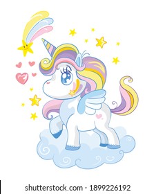 Vector illustration kawai cute cartoon unicorn standing on cloud with stars isolated on a white background. For party, sticker, embroidery, design, decoration, print, t-shirt, dishes, packaging