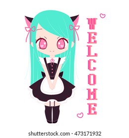 Vector illustration of kawaii anime neko maid with welcome text