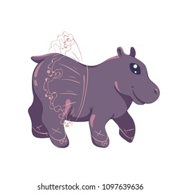 Vector Illustration Of Kawaii Ballerina Hippopotamus In Cute Asian Style - Baby Animal In Ballet Shoes And Pink Tutu, Illustration Isolated On White