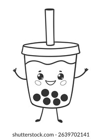 Vector illustration of a kawaii bubble tea with smiling face and straw. Flat isolated illustration.
