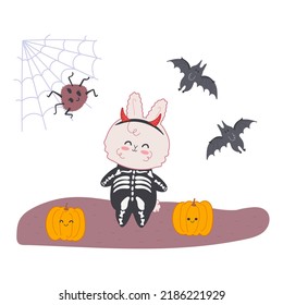 Vector illustration of kawaii bunny in costume celebrates halloween with holiday elements pumpkins and bats. Halloween concept for cards, posters and children's decor