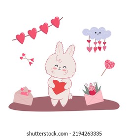 Vector illustration of kawaii bunny with heart and romance elements .Valentine's day concept for postcards,posters and kids decor